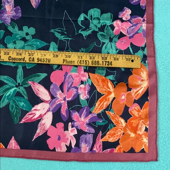 SILK SCARF square floral multicolor dark navy background NEW size 36” X 36” - Picture 5 of 5